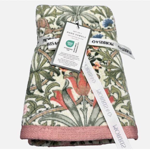 4 Pc William Morris Woodland Leaves Velour Bath Hand Towel Set Green Coral Blue - Picture 4 of 9